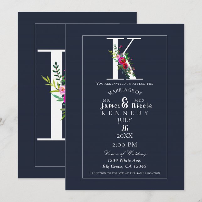 K Monogram Sista Initial Modern Blå Blommig Bröllo Inbjudningar (Fram/baksida)