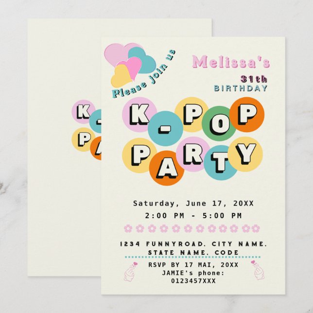 K-pop koreansk popmusik tema födelsedagsfest inbjudningar (Fram/baksida)