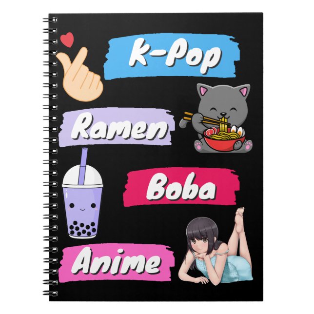 K-Pop, Ramen, Boba och Anime Pop Culture Fläkt Anteckningsbok (Framsidan)