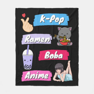 K-Pop, Ramen, Boba och Anime Pop Culture Fläkt Fleecefilt