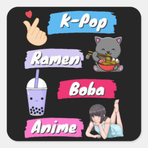 K-Pop, Ramen, Boba och Anime Pop Culture Fläkt Fyrkantigt Klistermärke