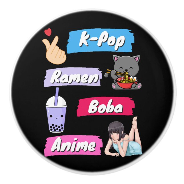K-Pop, Ramen, Boba och Anime Pop Culture Fläkt Knopp (Framsidan)