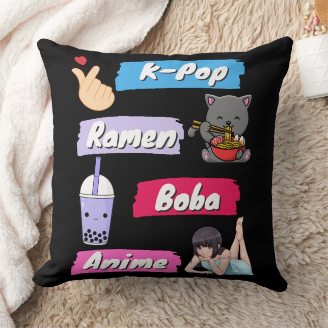 K-Pop, Ramen, Boba och Anime Pop Culture Fläkt Kudde (Filt)