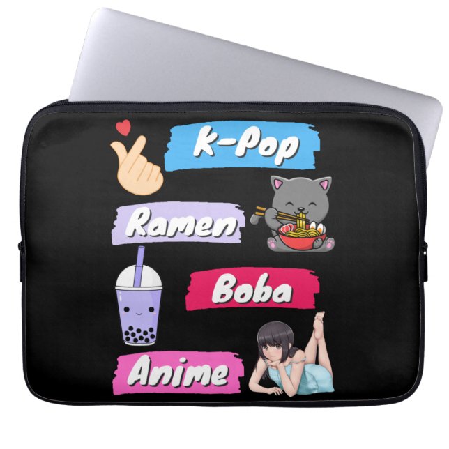 K-Pop, Ramen, Boba och Anime Pop Culture Fläkt Laptop Fodral (Framsidan)