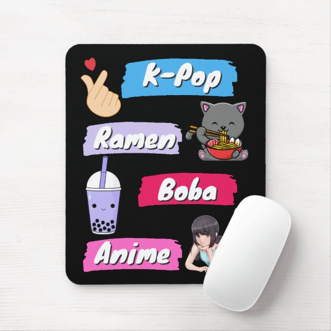 K-Pop, Ramen, Boba och Anime Pop Culture Fläkt Musmatta (Med mus)