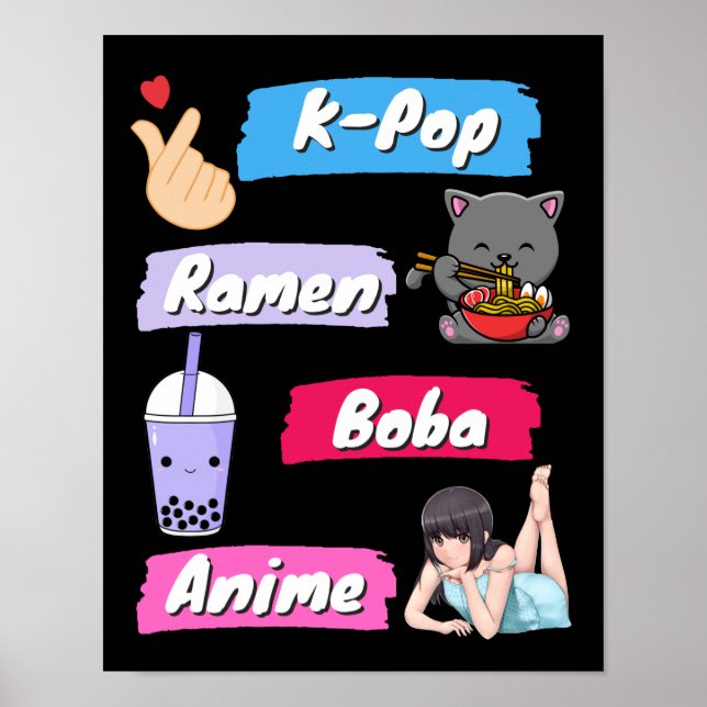 K-Pop, Ramen, Boba och Anime Pop Culture Fläkt Poster (Framsidan)