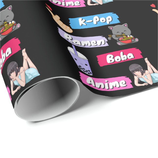 K-Pop, Ramen, Boba och Anime Pop Culture Fläkt Presentpapper (Rullad Hörn)
