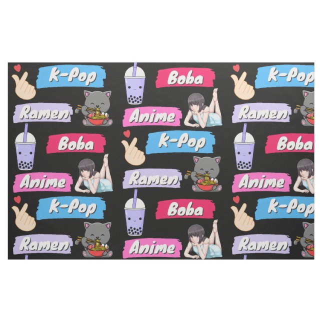 K-Pop, Ramen, Boba och Anime Pop Culture Fläkt Tyg (Fat Quarter)