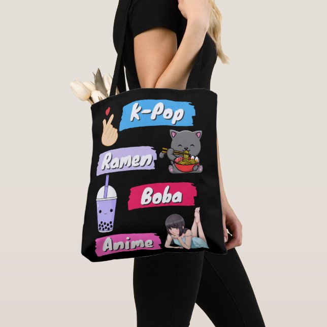 K-Pop, Ramen, Boba och Anime Pop Culture Fläkt Tygkasse (Närbild)