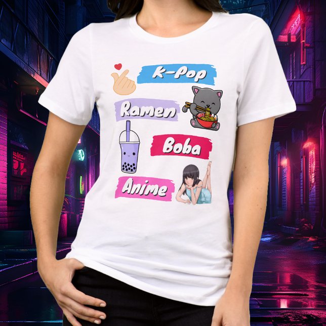 K-pop, Ramen, Boba och Anime Pop Graphic Tee (Anime, Boba, Ramen, K-Pop colorful fan graphic tee!)