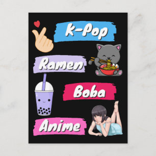 K-Pop, Ramen, Boba och Anime Populärkultur-fan Vykort