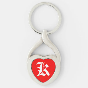 "K" Red Heart Keychain Twisted Heart Silverfärgad Nyckelring