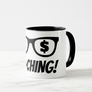 Ka-ching dollartecken i ögonen kaffemugg