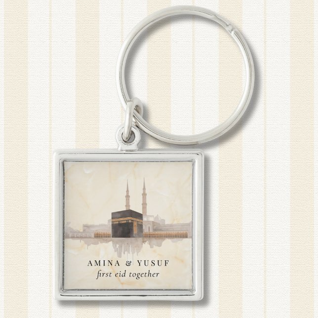 Kaaba Eid Mubarak Premium | Islamic Gift Keepsake Fyrkantig Silverfärgad Nyckelring (Kaaba keychain—his refined keepsake, designed to pair perfectly with the Madinah piece.)