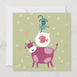 kaart beterschap, tekening koe, vis in kom  kort