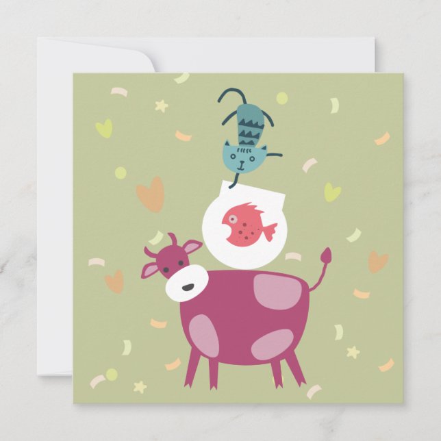 kaart beterschap, tekening koe, vis in kom  kort (Framsida)