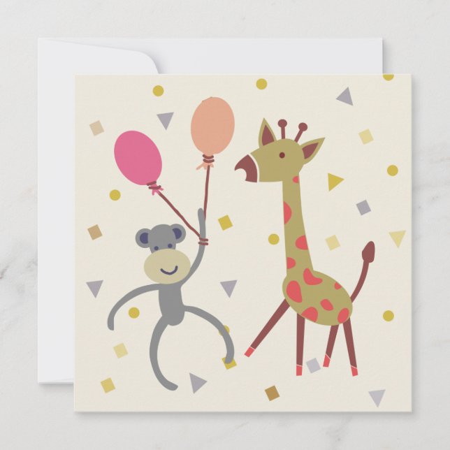 kaart felicitatie aapje met ballon en giraffe kort (Framsida)