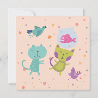 kaart felicitatie tekening 2 poezen en vis  kort
