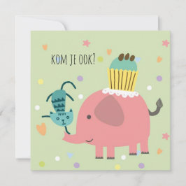 kaart uitnodiging feestje olifantje poes en taart kort