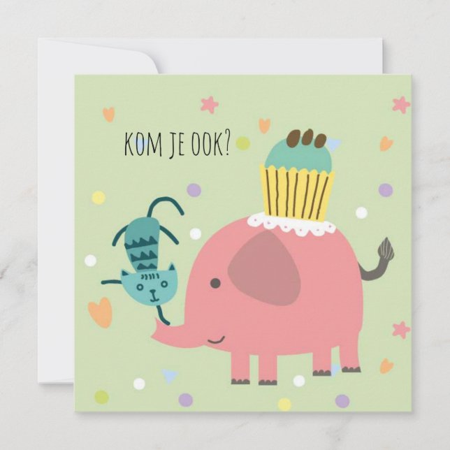 kaart uitnodiging feestje olifantje poes en taart kort (Framsida)