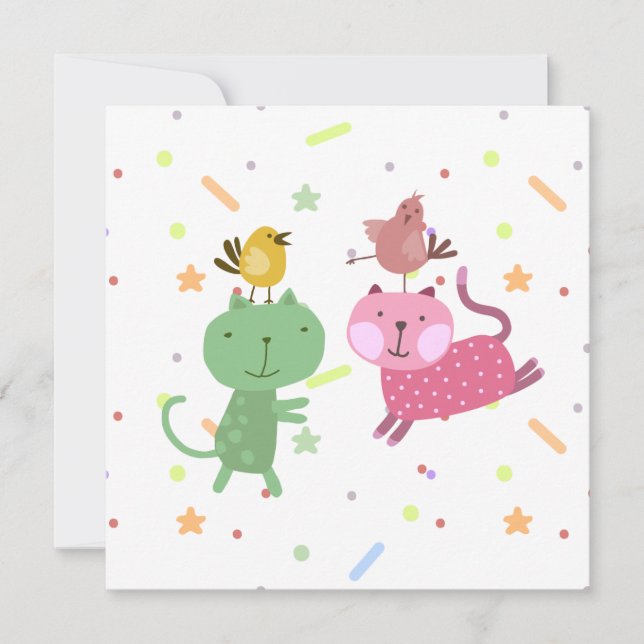 kaart verjaardag 2 poezen 2 vogeltjes kort (Framsida)