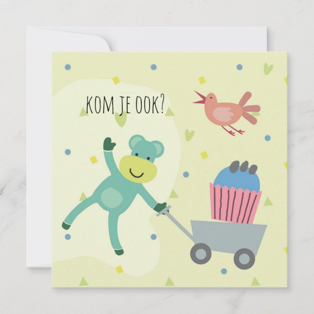 kaart verjaardag uitnodiging aapje cupcake kort (Framsida)