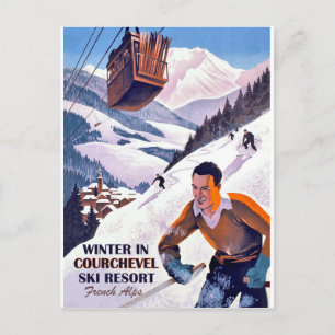 Kabelbana över Courcheval, man på skidor, vintage Vykort