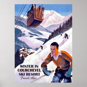 Kabelbil över Courcheval, man på skidor, vintage Poster