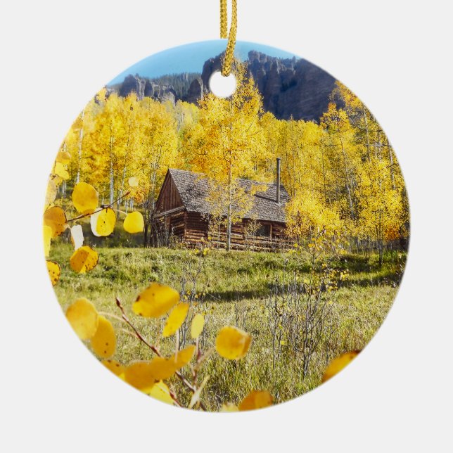 Kabin i aspen julgransprydnad keramik (Framsidan)