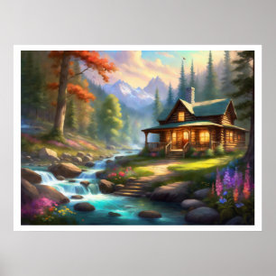 Kabin i bergen Stream WildblommLight på Poster