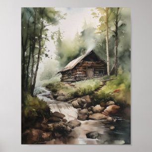 Kabin i Skogen med strömmen Vatten Poster