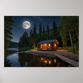 Kabin i skogen på natten poster