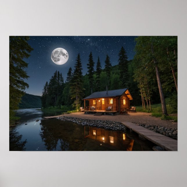 Kabin i skogen på natten poster (Framsidan)