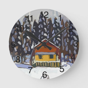 Kabin i Snö Rund Klocka