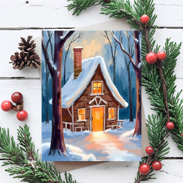Kabin i Snowy Winter Skogen jul Julkort