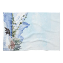 Kabin, Sjö, berg, Träd, björnvinter scen