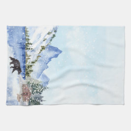 Kabin, Sjö, berg, Träd, björnvinter scen Kökshandduk