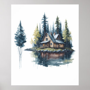Kabin vid Sjö Watercolor Poster
