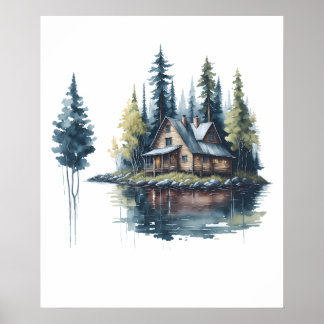 Kabin vid Sjö Watercolor Poster