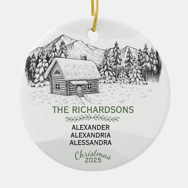 Kabin X 3 för vinterlogg för snö Julgransprydnad Keramik (Framsidan)