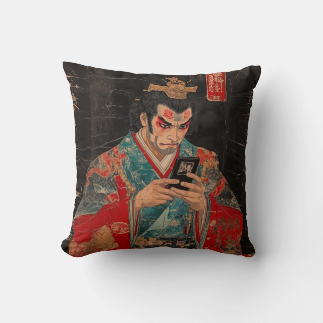Kabuki Actor med Cell Mobilare Dekorativ kudde (Framsida)