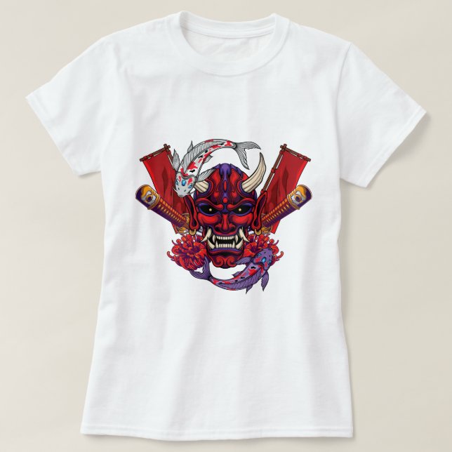 Kabuki Oni Mask och Koi Fish T Shirt (Design framsida)