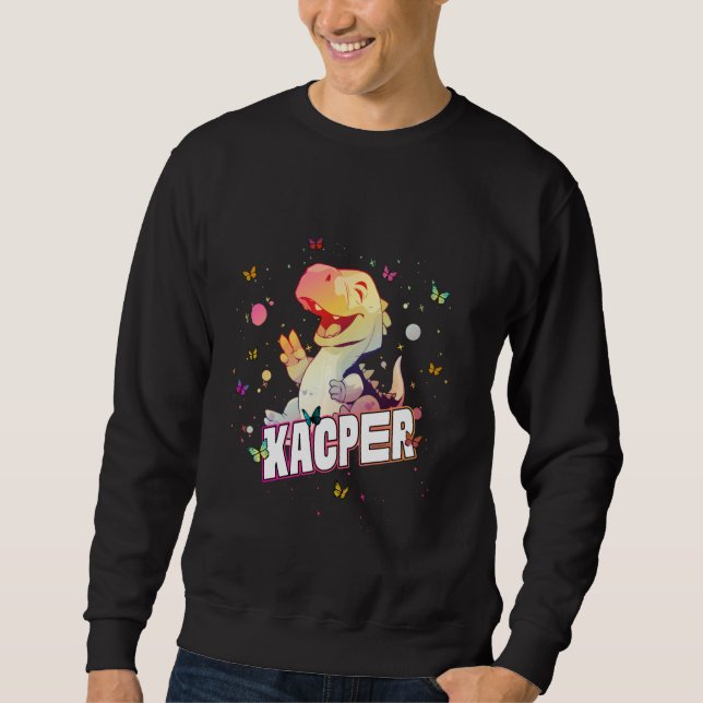 KACPER - Cute Boy Namn med söt Dinosaur Lång Ärmad Tröja (Framsida)