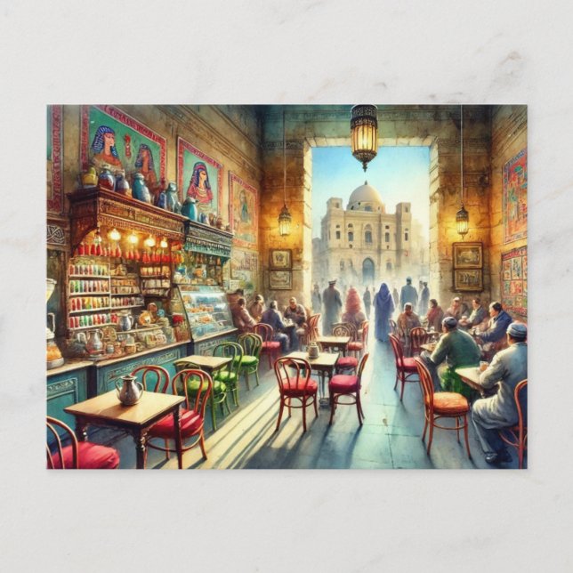 Kafé i Kairo Egypten - vattenfärgsfärg Vykort (Framsida)