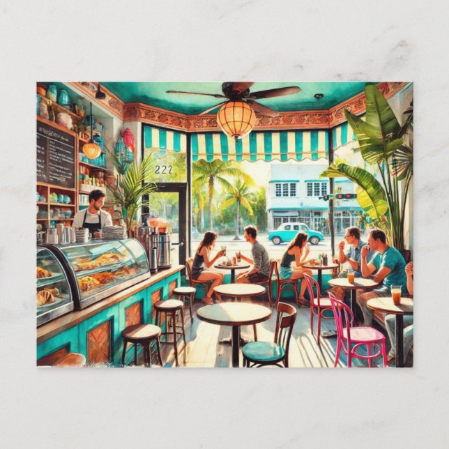 Kafe i Miami Watercolor Vykort (Framsida)