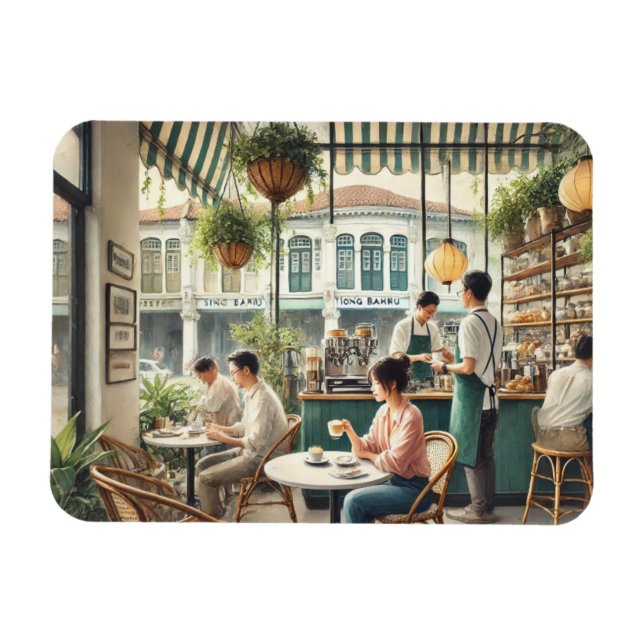 Kafe i Singapore - färgmålning av vattenfärg Magnet (Horisontell)