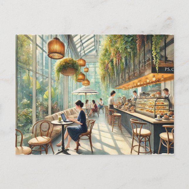 Kafe i Singapore - färgmålning av vattenfärg Vykort (Framsida)