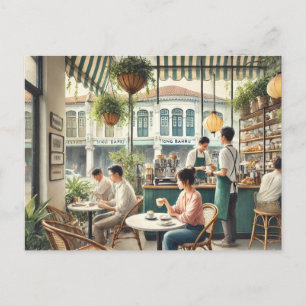 Kafe i Singapore - färgmålning av vattenfärg Vykort