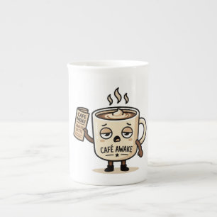 Kafé Vaken Söt Sömnig Kaffe Maskot Illustration Benporslin Mugg