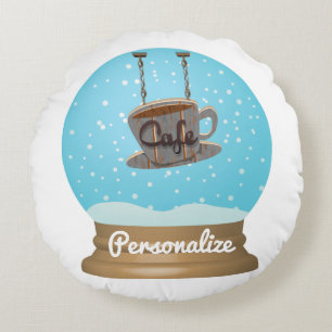 Kafékaffeskylt snö globe rund kudde